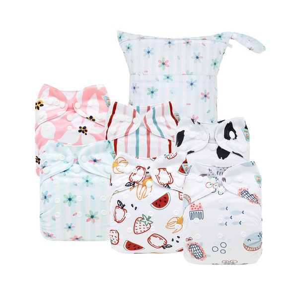 ALVABABY Cloth Diaper Covers 6pcs and 1 Wet Dry Bag,