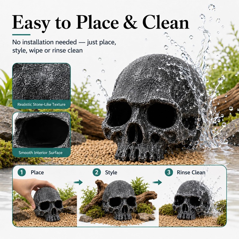 Fokauiwo Skull Terrarium Decor Reptile Hideout for Tank (Black)