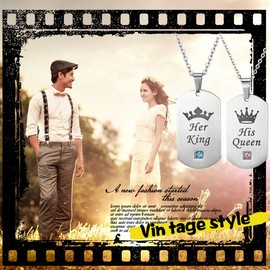 Flongo Partner Pendant Friendship Necklace, Cubic Zirconia Stainless Steel BFF Chain with His Queen, Her King Engraving Dog Tag Silver Partner Chains for Men, Women, Stainless Steel, Cubic Zirconia