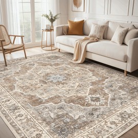 Micgeek 9x12 Washable Area Rug: Vintage Neutral Soft Non Slip Thin Large Floor Carpet for Living Room Bedroom Kitchen Dining Room Home Office Farmhouse Indoor - Beige Brown