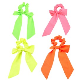 4Pcs Bow Neon Scrunchies for Hair 80s 90s,Silk Satin Scrunchy Hair Ties Scrunchies with Long Bow Tail Hair-Elastics Bands Ponytail Holder Neon Hair-Accessories for Women Girls 80s 90s Party Outfit