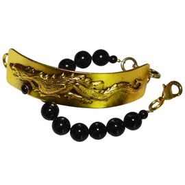 Elaine Coyne Collectible Artwear Antique Gold Brass Dragon Narrow Rockband Bracelet - Black Onyx
