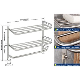 NearMoon Bathroom Towel Rack, 3-Tier Towel Holder with Hooks, SUS304 Stainless Steel Towel Hanger, Wall Mounted Towel Shelf Storage, Bathroom Accessories (22 Inch, Brushed Nickel)