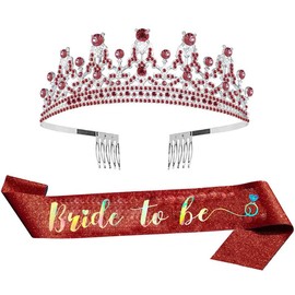 Tiara for Engagement Party, Bride to Be Sash and Crown Set for Women Girls Bridal Shower Decorations Red Crowns for Women Bachelorette Party