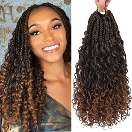Goddess Box Braids Crochet Hair Pre-looped 14 Inch Boho Box Braids Crochet Hair with Curly Ends 3X Bohemian Hippie Crochet Box Braids Synthetic Braiding Hair Extension for Women (8 pack, 1b/30#)