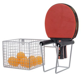 MyGift 12 Inch Wall Mounted Silver Metal Table Tennis Pickleball Paddle Rack and Ball Storage, Hanging Equipment Organizer with Racket Holder and Basket for Ping Pong Balls