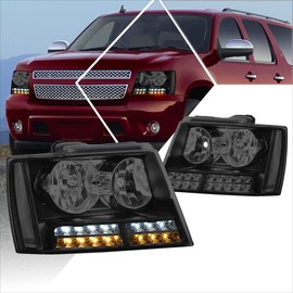 PM PERFORMOTOR Headlights Assembly Compatible with 2007-2014 Chevy Tahoe Suburban 1500/2007-2013 Chevy Avalanche Suburban 2500, Headlamps with LED DRL/Clear Corner