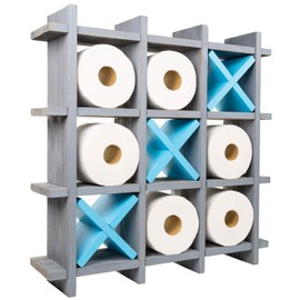 Excello Global Products Gray Wooden Toilet Paper Holder: Tic Tac Toe Design for Wall Mounted or Freestanding Bathroom Tissue Roll Storage Organizer
