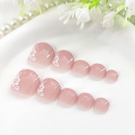 Square Press on Toenails Short Whtie French Tip Fake Toe Nail with White Flowers Leaves Design Toe Nails Press on Pink Full Cover Press on Toe Nail Glossy Toenails Stickers for Women 24Pcs