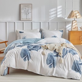 Lekesky King Size Duvet Cover Sets Tropical Leaf Printed Blue Bedding Sets King Size, Duvet Cover 230x220 cm