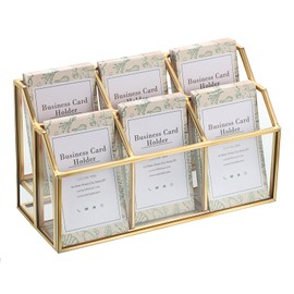 Hipiwe Business Card Display Stand Vertical Gold Name Card Holder with Mirror Metal Glass Desktop Organizer for Office Exhibition, 2 Layers 6 Slots