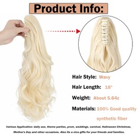 Mitrygreen Claw Clip Ponytail Extension 18" Clip in Wavy Ponytail Hair Extensions Long Pony Tails for Women Extensions Bleach Blonde Wave Hairpiece