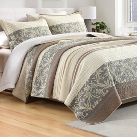 SahSahCasa Quilt Set Queen Size, 100% Cotton, Queen Comforter Set, Striped Quilted Bedspreads, Farmhouse Queen Bedding Set, Reversible Lightweight Bed Spread for All Season, Brown/Beige/Gray, 3pcs