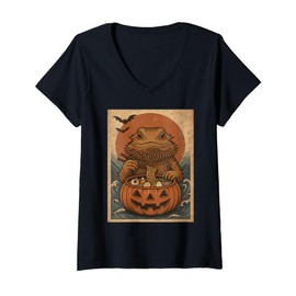 Womens Funny Spooky Bearded Dragon Pumpkin Japanese Ramen Noodles V-Neck T-Shirt
