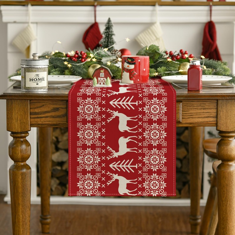 Artoid Mode Red Reindeers Christmas Table Runner, Seasonal Winter Merry
