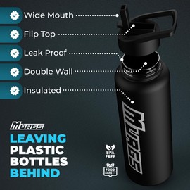 Murgs Black Stainless Steel Water Bottle With Straw Cap - 1100ml/40oz Leak Proof Cold & Hot Water Bottle - Metal Water Bottle For Kids Toddlers Adults - Insulated Water Bottles For Gym Fitness