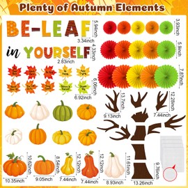 Gersoniel 81 Pcs Fall Thanksgiving Tree Bulletin Board for Classroom Be Leaf in Yourself Thanksgiving Tree Bulletin Board Decorations 3D DIY Paper Fans Pumpkin Cutouts Autumn School Home Wall Decor
