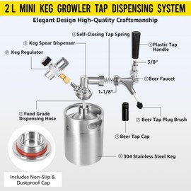 MRbrew 64oz Mini Keg Growler Portable Draft Beer Dispenser System Pressurized Stainless Steel Beer Growler Tap System Home Mini Kegerator, with Professional Beer Tap and CO2 Regulator to Keep Fresh