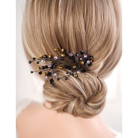 Missgrace Peine para el pelo con cristales laterales dorados, rojos, negros, ocasiones especiales, accesorio para el cabello para mujeres (negro)