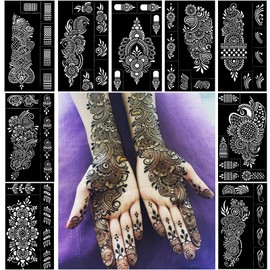 QSTOHENA Pack of 9 Henna Tattoo Stencil Kit,Reusable Mehendi Stencils Templates for Hand Forearm Indian Arabian Temporary Tattoo Stickers