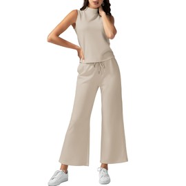 Casly Lamiit Lounge Set for Women Summer Outfits Mock Neck Tank Top Airport Matching Sets High Waisted Crop Pants Tracksuit 2025 Fashion Dressy Work Travel Clothes Beige L