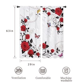 Riyidecor Red Burgundy Rose Curtains Flower Romantic Vintage Elegant Plant Leaves Butterfly Pearl Rod Pocket Retro Pretty Girls Women Bedroom Living Room Treatment Fabric 2 Panels 29Wx63H Inch