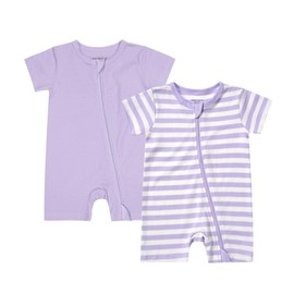 Teach Leanbh Unisex Baby 2 Pack Pajamas Cotton Short Sleeve 2 Way Zipper Stripe Soild Romper Jumpsuit Sleep and Play (Purple+Stripe, 18-24 Months)