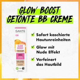 SANTE Naturkosmetik Glow Boost Tinted BB Cream, Nourishing Day Cream with AHA, Hyaluronic and Organic Aloe Vera, Vegan Face Care for Perfect Glow with Nude Effect, 30 ml