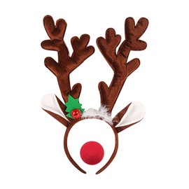 JIHUOO Haarreif mit Rentiergeweih und roter Clownsnase, Hirschgeweih, Kopfschmuck, Urlaubsparty, Haarreif, Elchohren, Stirnband, flauschiges Tierhaarband, niedlich, 2 Stück
