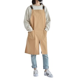 LeafIn WGZ Women's Apron with Pockets, Shoulder Hanging, Long Length, H-Type, Buckle, Kitchen, Cafe Style, Cooking Classroom, Easy to Put On and Take Off, Camel