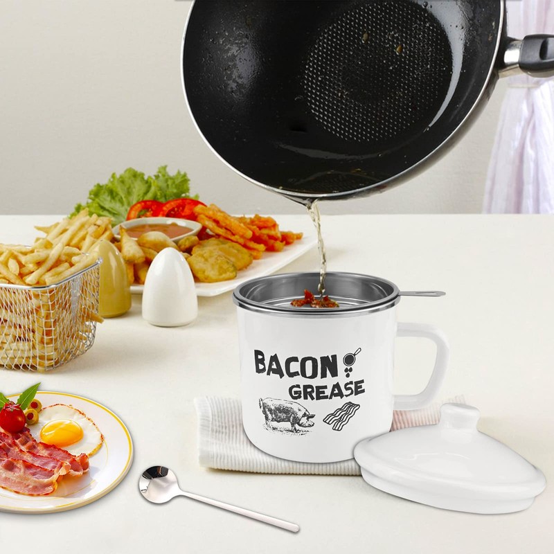 1.5L Bacon Grease Container with Strainer, 46oz Large Enamel Rustic