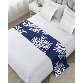 Navy Blue Coral Bed Runners for Queen Size Bed, Decorative Bed Throws for Foot of Bed, Coastal Summer Beach Nautical Seaside Bed Runner Sofa Throw Bedding Scarf Protector Slipcover for Bedroom/Hotel