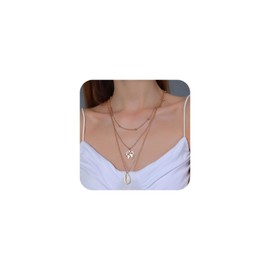 Aneneiceera Boho Layered Shell Necklace Fashion Gold Card Pendant Necklace Pearl Chain Choker Necklace Statement Shell Pendant Necklace Charm Jewellery for Women and Girls