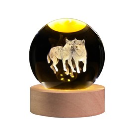 QIANCHANG 3D Wolf Crystal Ball Night Light with LED Stand,Crystal Wolf Figurine Lamp,Wolf Decor Glass Animal Sphere Globe Paperweight Gifts for Women Kids(2.4 in)