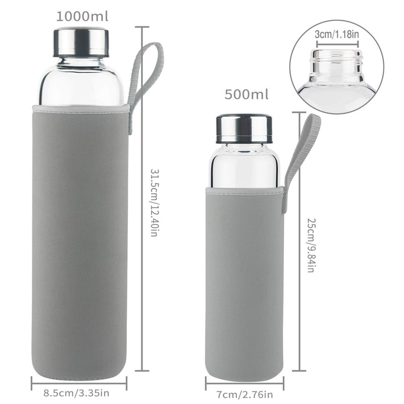 Reeho Borosilicate Glass Water Bottle, Sports Glass Drinking Bottle with