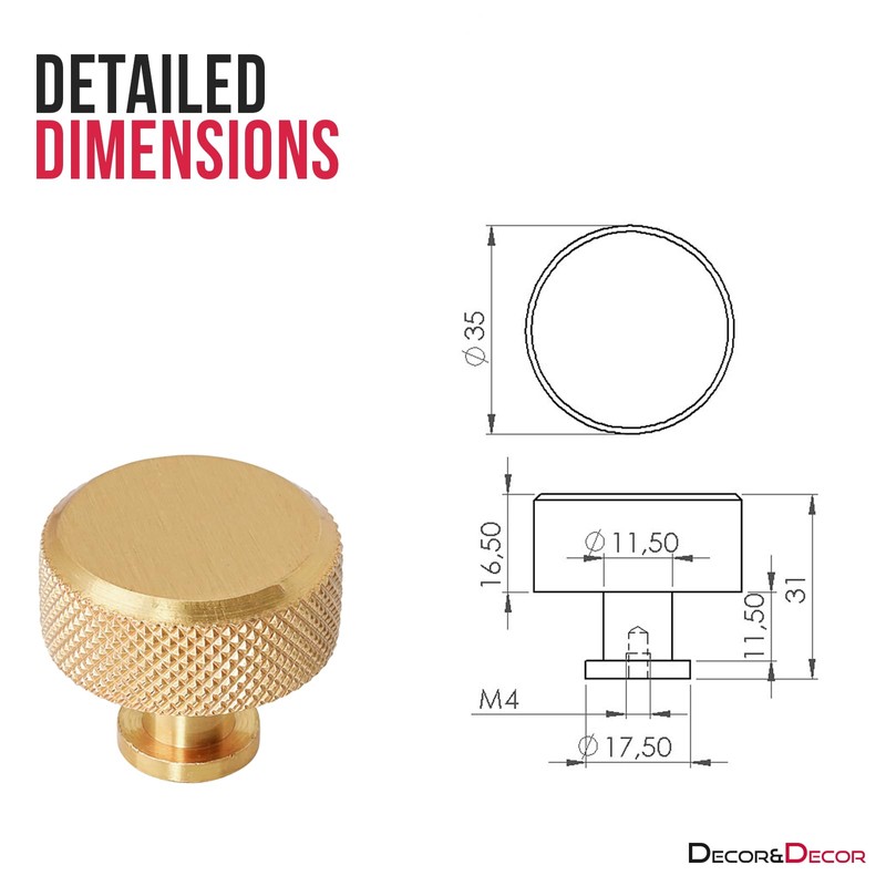 Decoranddecor Amelia Knurled 35mm Round Kitchen Cabinet Furniture Knobs Aluminium