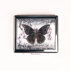 BOKAAW Black Butterfly 7 Days Chromed Shiny Silver Pill Organizer with Mirror Inside Has 8 Separate Compartments Rectangle 7 Days Pill Box Pill Case