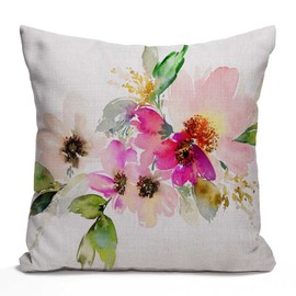Tomda Beautiful Watercolor Flower Farmhouse Decor Cushion Cover Family Decoration Pink Floral Cotton Linen Home Decorative Throw Pillow Case Pillow Cover for Sofa Couch 45x45cm 18x18 Inch