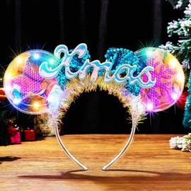 CAKURE Christmas Light Up Mouse Ear Headband Led Xmas Bow Headbands Glitter Holiday Christmas Hair Accessories for Women and Girls (a-Xmas, one size)