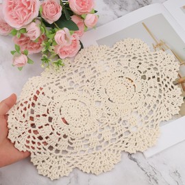 2-Pack Vintage Lace Placemats - 10x14 Inch French Crochet Lace Doilies, Handmade Embroidered Oval Table Mats for Dining, Tea Party, Wedding Decor, Furniture and Home Decoration (Beige)
