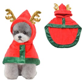 ANIAC Pet Christmas Costume Puppy Xmas Cloak with Antler Cat Santa Cape with Xmas Cap Party Cosplay Dress for Cats and Small Medium Dog (Large, Red)