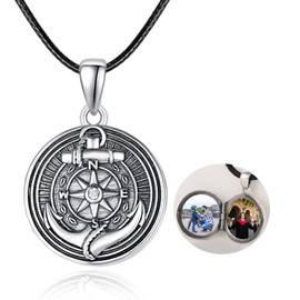 TANGPOET Compass Anchor Locket Necklace for Men 2 Picture Photo Round Locket Jewelry Gifts for Fathers Day Graduation Birthday Son Boyfriend Husband