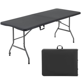 FDW 6 Foot Outdoor Dining Table, Foldable Portable Rectangular Plastic Folding Table with Built in Carrying Handle for Party and Wedding Use, Black