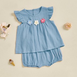 BeliBacca 1-5 Years Baby Girl Summer Cotton Linen Clothes 3D Flower Embroidery Flying Sleeve Round Neck Top Elastic Shorts Set Toddler Kids Outfits (Blue, 12-18 Months)