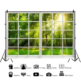 Renaiss 5x3ft Sunshine Forest Window Backdrop for Photoshoot Portrait Green Trees Woodland Spring Summer Scenery French Window Photography Background Scenic Wallpaper Party Decor Photo Booth Props