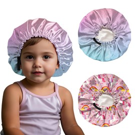 BHAHB 2 PCS Kids Bonnets for Girls Boys Satin Silk Hair Bonnets Double Layer Elastic Adjustable Hair Caps Sleeping Reusable-Pink