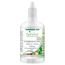 Fairvital Vitamin D3+K2 Drops - 50 ml - All-Trans MK7 - Highly Bioavailable Vitamin D3 - Quality Tested and High Dose - 100% Vegan - Made in Germany