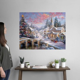 CANVAS ON DEMAND Heaven On Earth Wall Decal, Horse-Drawn Sleigh Brings Christmas Church Goers to Snow-Covered Village, Christian Holiday Home Décor Artwork, 36"x29"