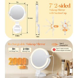 Gospire 7” Wall Mounted Makeup Mirror with Lights and Magnification 10X, 3 Color Lighted Bathroom Mirror with Powerful Locking Suction Cup, Shaving Mirror for Men, Led Mirror for Desk - White