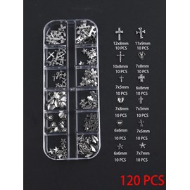 Set of 120 Nail Parts, Metal Silver Cross Star Heart Decoration Parts, DIY Nail Art Supplies, Gothic Punk (KLX120B)